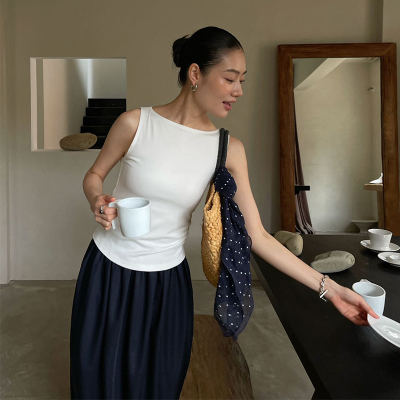 PURITYYH美式复古辣妹时髦一字领无袖背心夏季减龄修身体恤上衣