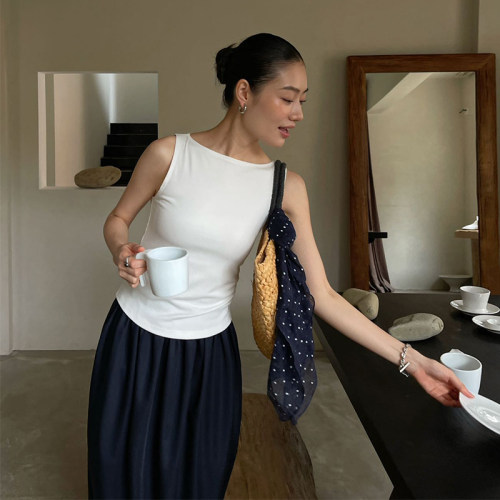 PURITYYH美式复古辣妹时髦一字领无袖背心夏季减龄修身体恤上衣
