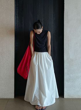PURITY YH小众简约白色设计感前松紧腰大摆裙气质宽松显瘦半身裙