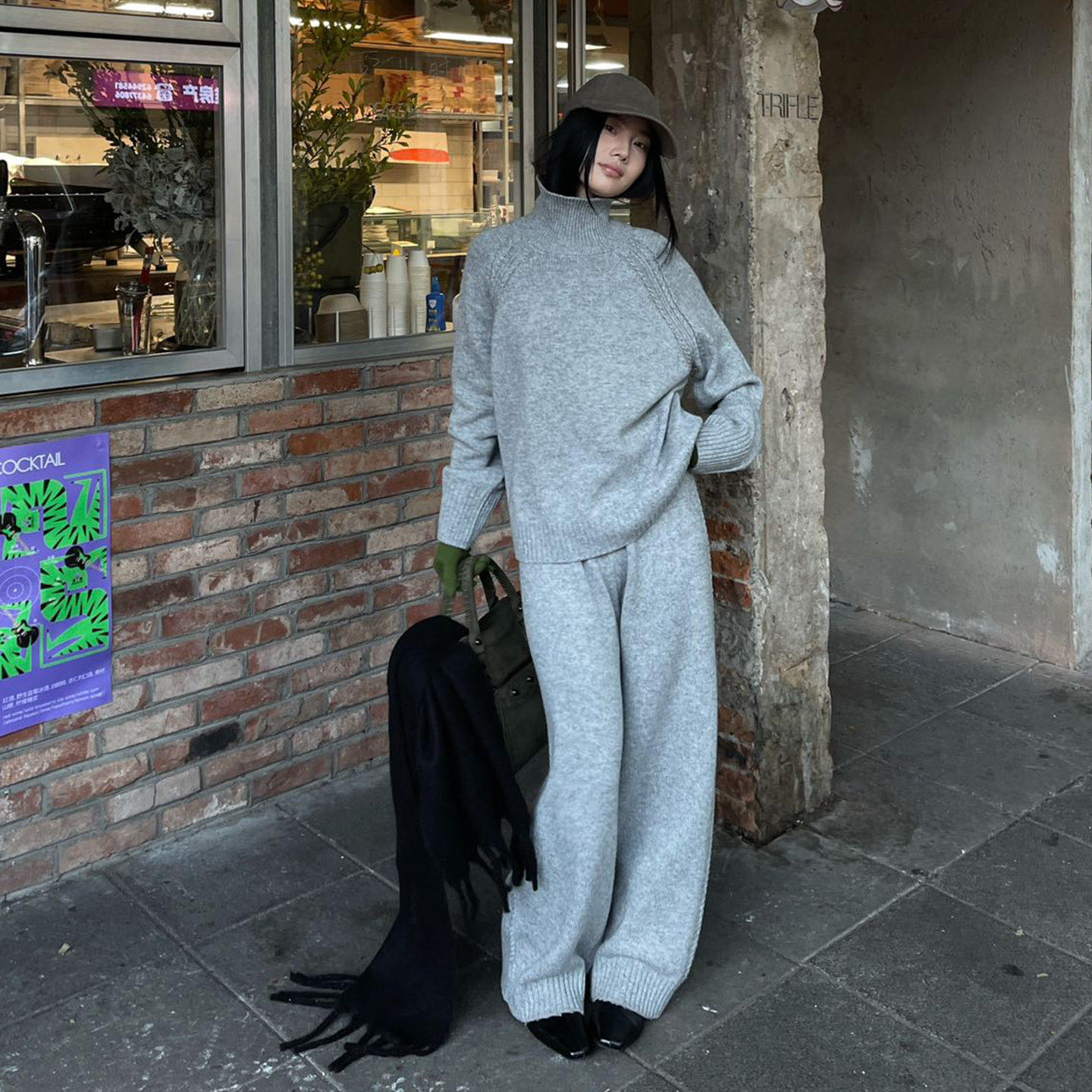 慵懒风休闲灰色毛衣套装女冬季新羊毛高领长袖针织衫阔腿裤两件套