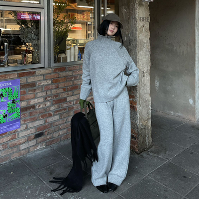 慵懒风休闲灰色毛衣套装女冬季新羊毛高领长袖针织衫阔腿裤两件套