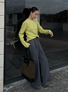 灰色加厚裤子女羊毛宽松bf慵懒风拖地休闲西装裤高腰直筒阔腿长裤