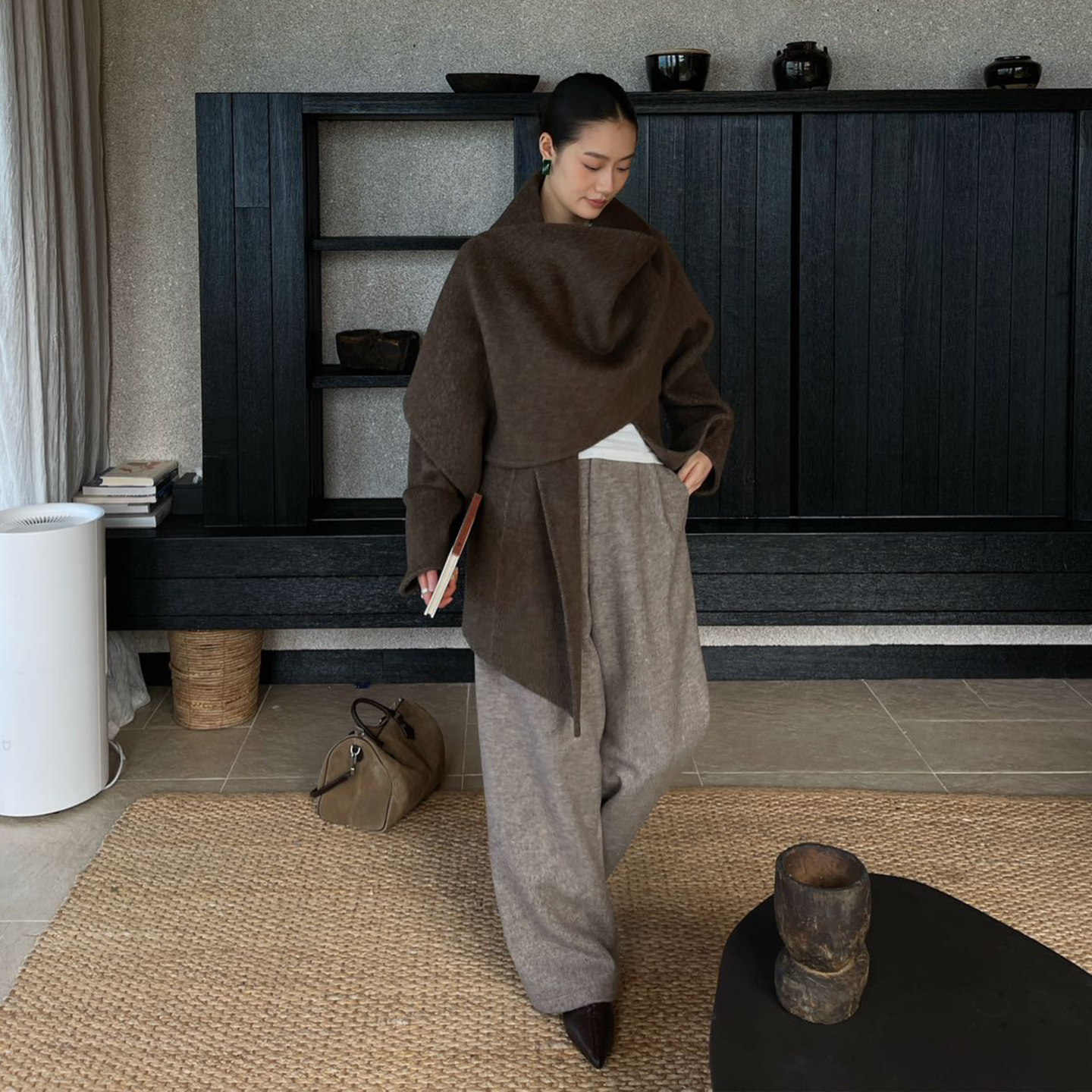 小众加厚羊毛毛呢糯米裤女冬季天窄版直筒裤子高腰宽松加长阔腿裤