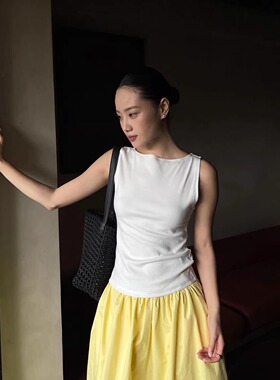 PURITY法式打底夏无袖背心女纯色一字领修身T恤简约时尚通勤上衣