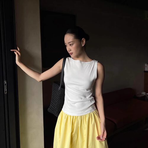 PURITY法式打底夏无袖背心女纯色一字领修身T恤简约时尚通勤上衣