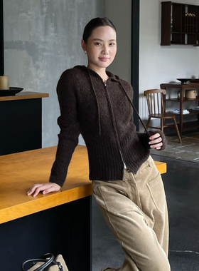 PURITY YH极简百搭羊毛混纺连帽针织衫修身系带拉链时尚外套开衫