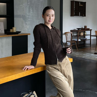 PURITY YH极简百搭羊毛混纺连帽针织衫修身系带拉链时尚外套开衫