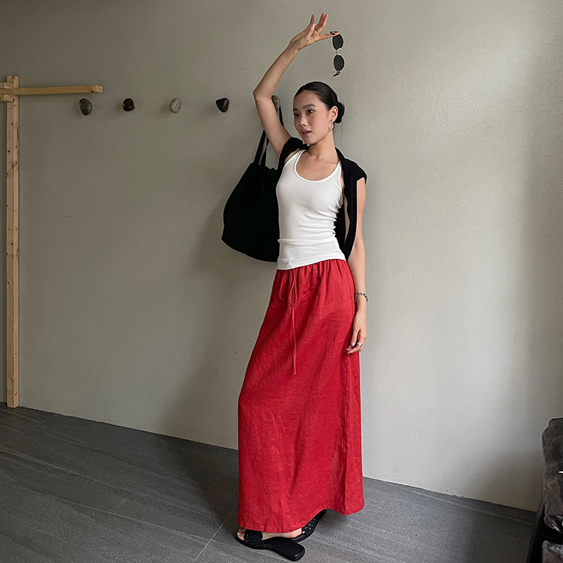 PURITY YH中国红亚麻半裙女夏季抽绳宽松高级感遮胯松紧腰麻半裙