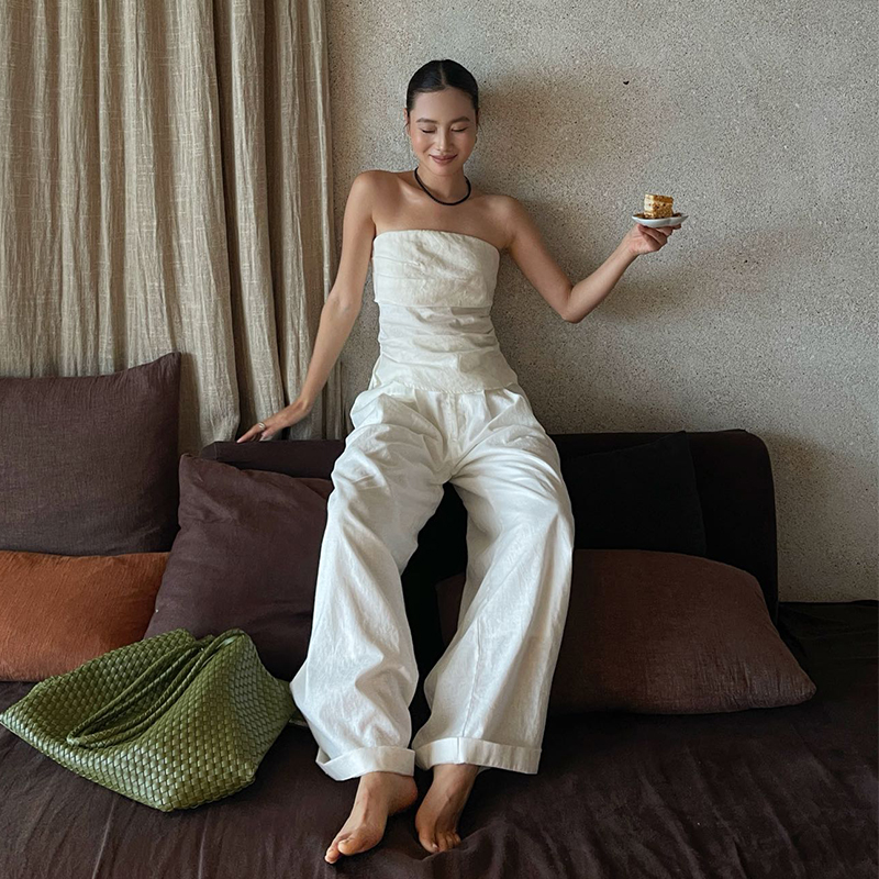 PURITYYH小众简约白色时尚气质显瘦慵懒感抹胸上衣休闲裤套装女