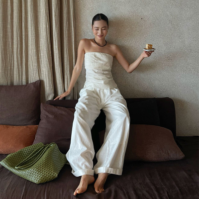 PURITYYH小众简约白色时尚气质显瘦慵懒感抹胸上衣休闲裤套装女
