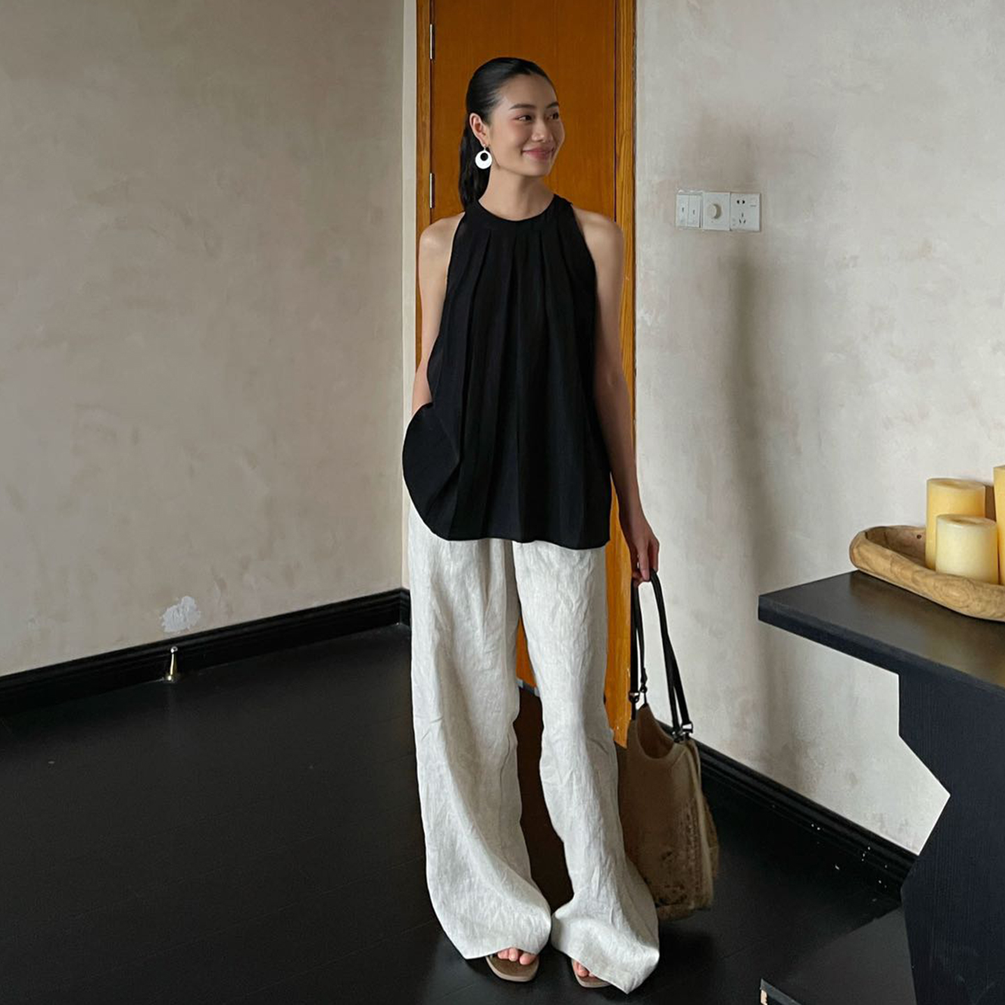 PURITY小众简约韩系宽松气质夏季亚麻巨显瘦高级休闲长裤阔腿裤