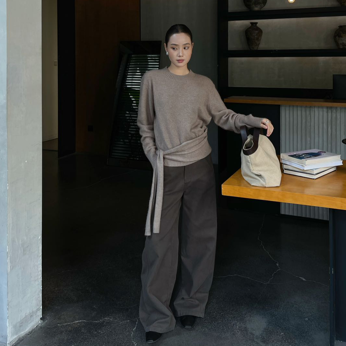 PURITYYH极简卡其绿休闲牛仔裤女冬季百搭宽松慵懒直筒拖地阔腿裤