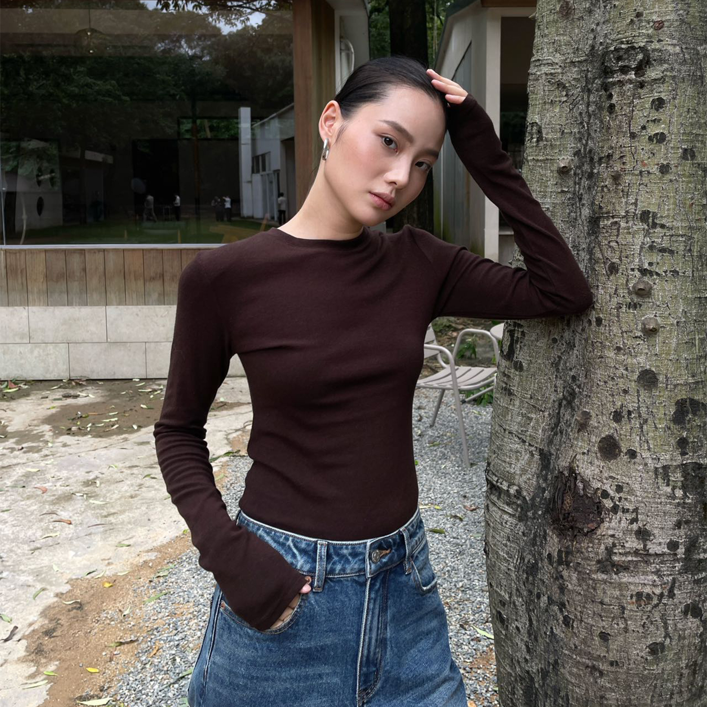 PUIRTY YH简约修身显瘦纯色修身长袖t恤女2025新款百搭打底衫上衣