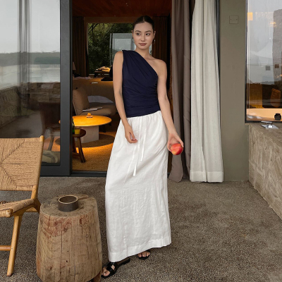 PURITY YH小众简约设计感白色松紧腰半身裙后开叉百搭大气裙子女