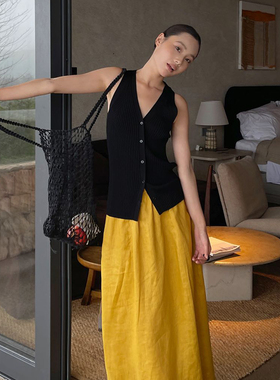 PURITY YH小众简约黑色复古显瘦V领开衫马甲高级感修身无袖背心女