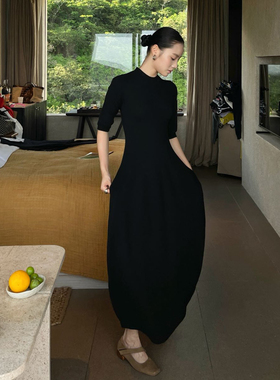 PURITYYH韩版针织长款花苞连衣裙小众气质羊毛裙收腰长裙修身显瘦