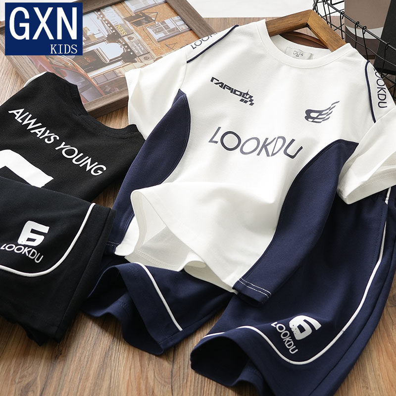 男童童装短袖套装2025夏季新款拼接字母运动中大童圆领时尚两件套