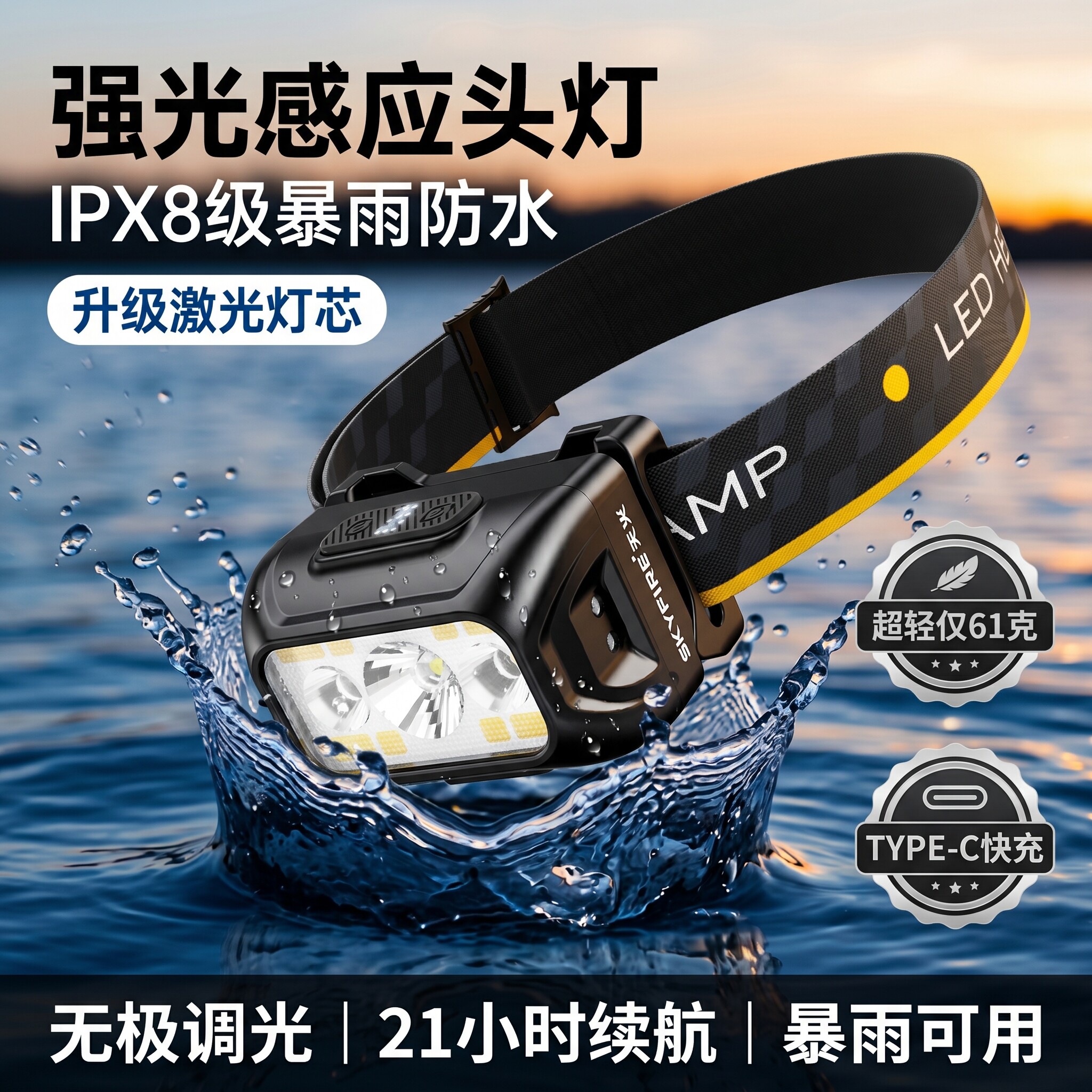 天火头灯强光超亮2026新款头戴式超长续航感应户外夜钓鱼专用防水