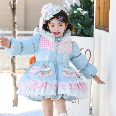 玉桂狗甜美风女童羽绒服中长款蓝色蛋糕图案加厚保暖连帽外套新年