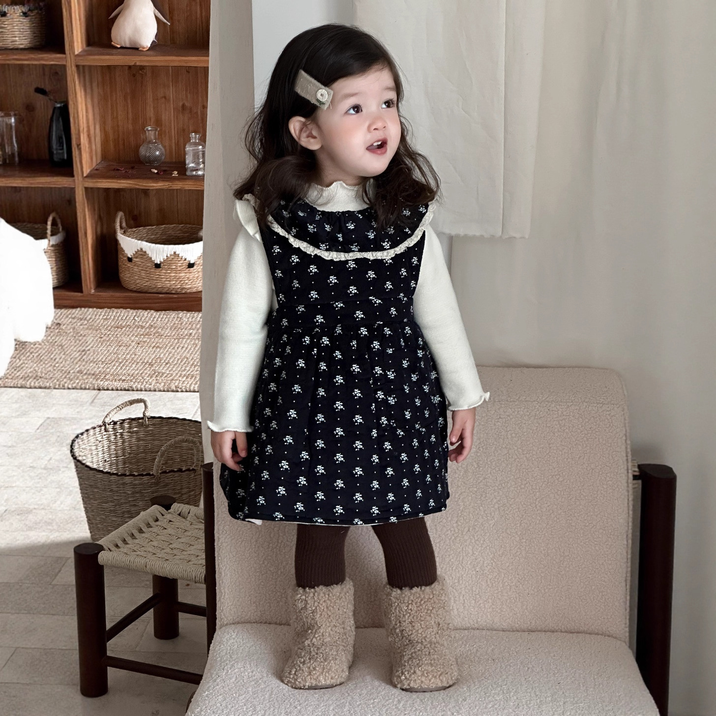 女童冬季碎花背心连衣裙加厚2025新款韩版童装小宝宝冬装加绒衣服