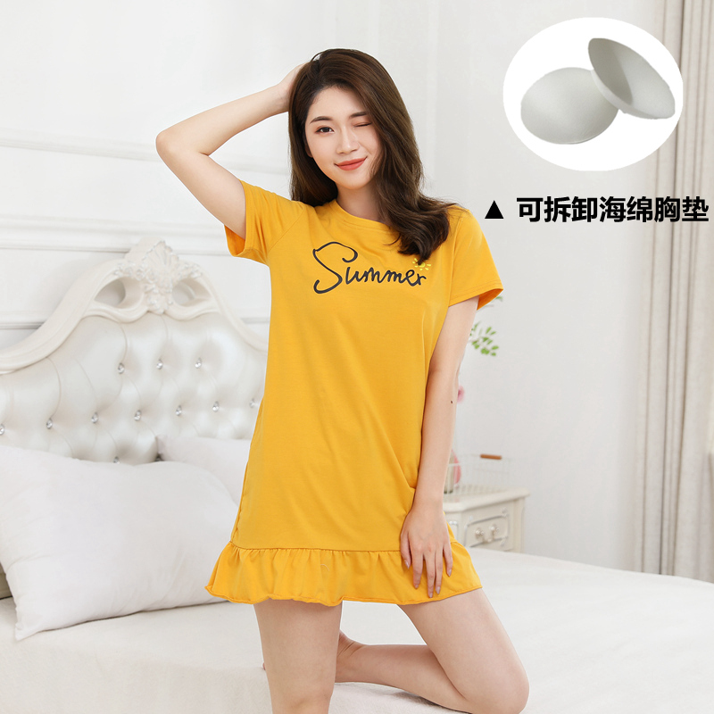 2025新款夏季纯棉短袖睡裙女带胸垫甜美全棉夏天小个子睡衣家居服