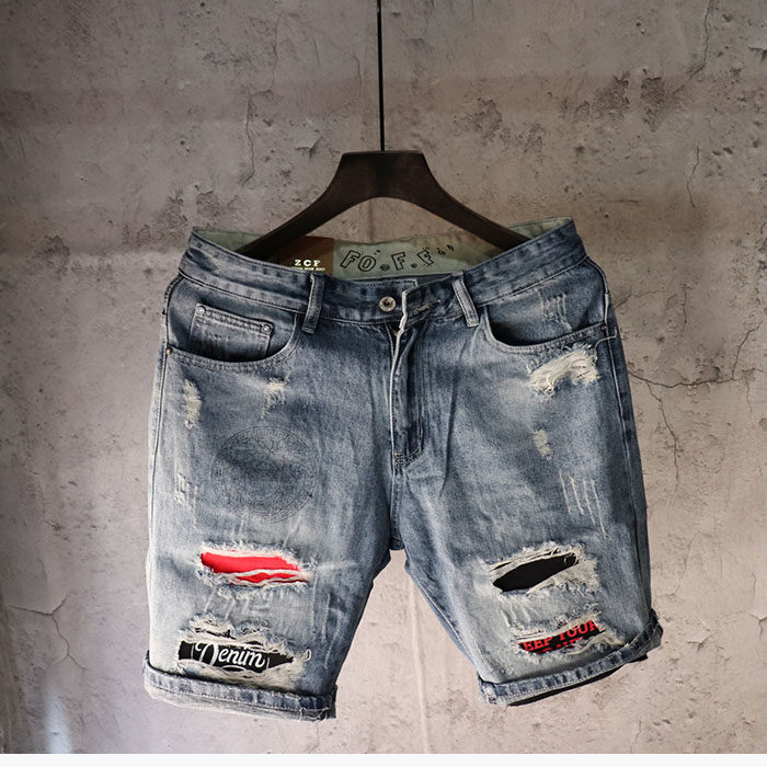 潮牌破洞贴布夏季男士牛仔五分中裤潮流直筒休闲短裤百搭社会小伙