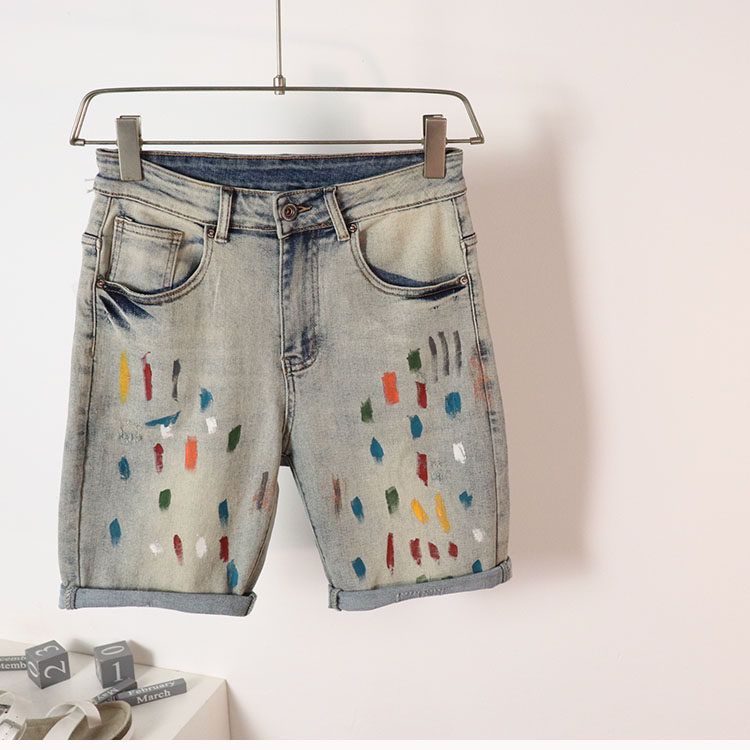 重磅 美式中腰牛仔短裤男夏季宽松弹力复古五分中裤直筒裤子涂漆