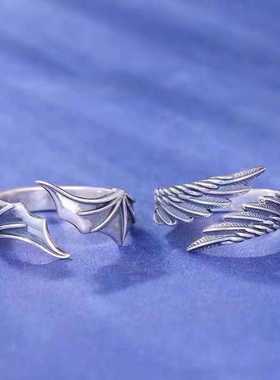 天使与恶魔翅膀戒指女ins小众感开口指环复古情侣对戒