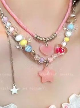 夏日多巴胺粉色爱心双层叠戴项链ins潮网红辣妹甜酷毛衣链串珠