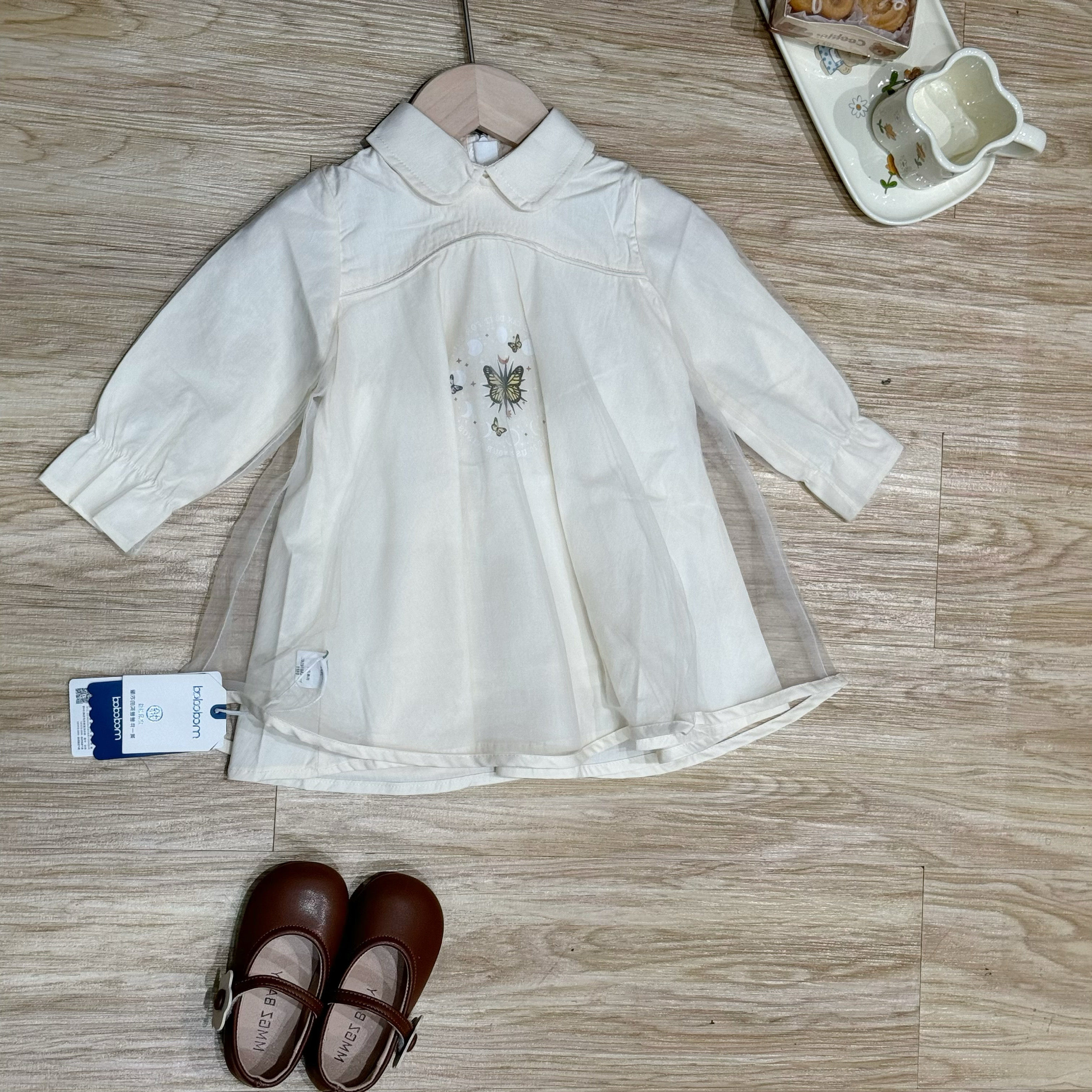 女童秋季新款国风连衣裙简约纱裙女宝polo领米色裙子童装