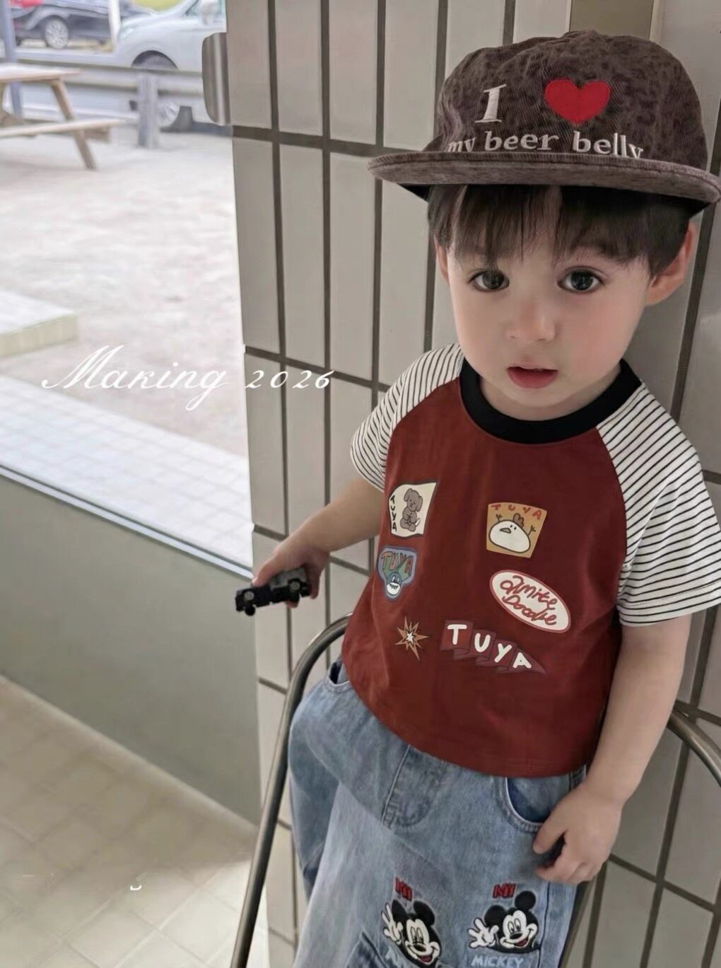 儿童夏装男童条纹插肩短袖T恤卡T恤