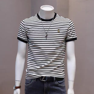 t恤2025年夏季 饰短袖 纯棉潮牌修身 青年百搭半袖 男士 衫 条纹小熊装