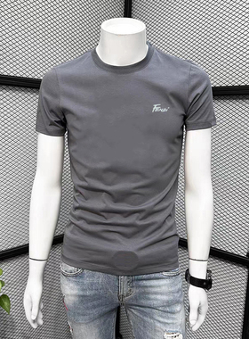 男士短袖T恤2026夏季新款圆领修身潮流灰色半袖体恤青年修身上衣