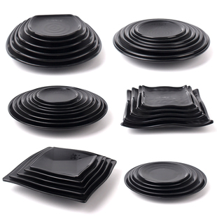 A5黑色密胺火锅配菜盘烧烤盖饭盘凉菜冷面生肉盘小吃水果圆盘餐具