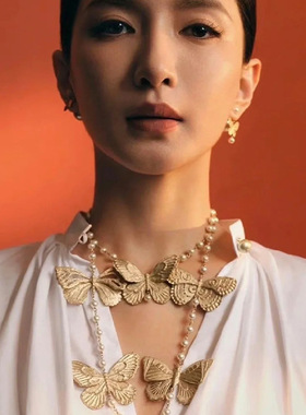 法式多蝴蝶珍珠长款毛衣链女新款