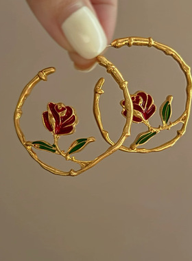 中古vintage【以爱之名】法式C圈耳环气质玫瑰花彩釉花朵复古耳饰