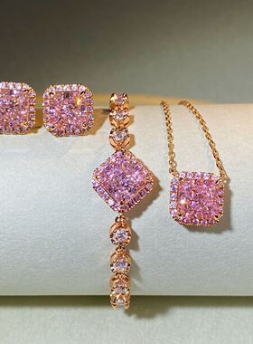 爆款S925纯银项链套装粉钻香槟金链子锁骨链吊坠手链项链戒指