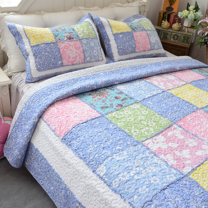拼布床盖外贸全棉绗缝被三件套
