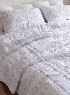 刺绣纯色外贸原单出口美式床盖绗缝被三件套欧式纯棉床罩床单白色