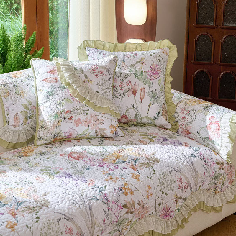 韩式田园全棉绗缝沙发垫坐垫子防滑布艺加厚四季通用纯棉皮沙发巾