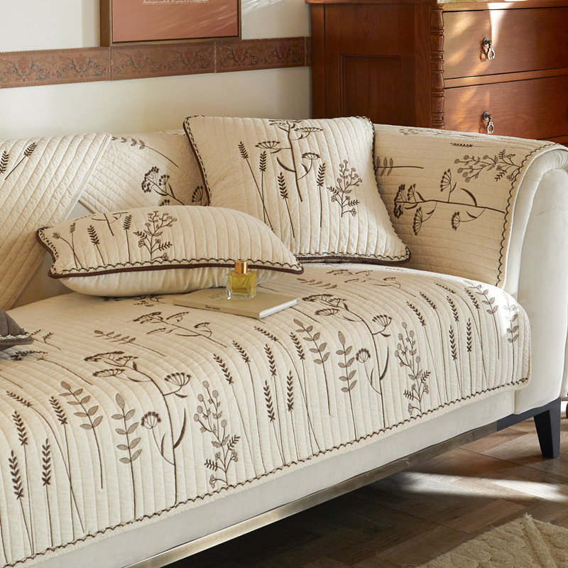 田园风棉麻绣花纯棉沙发垫四季通用防滑夹棉绗缝垫水洗沙发巾坐垫