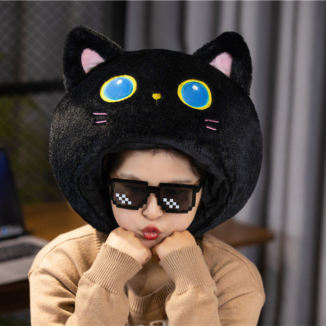 日韩卡通小黑猫咪头套人戴三丽鸥白色狗可爱毛绒帽子沙雕拍照道具