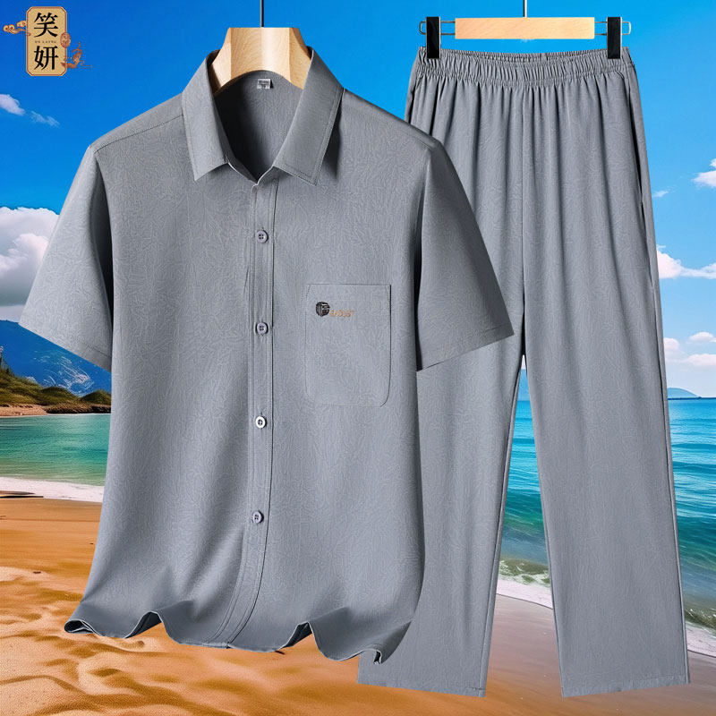 冰丝短袖衬衫套装男中老年人爸爸装夏季薄款休闲运动新中式爷爷装