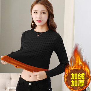 加绒加厚女士大码毛衣2025秋冬新款套头短款修身圆领针织打底衫女