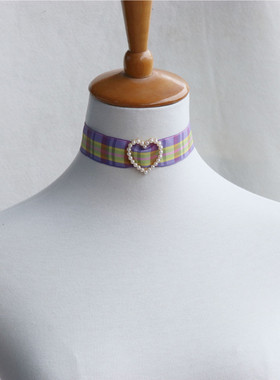 宽边格子带丝带系带款女爱心吊坠