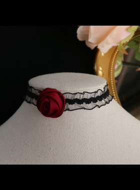 花朵蕾丝黑色颈带项圈女酒红气质