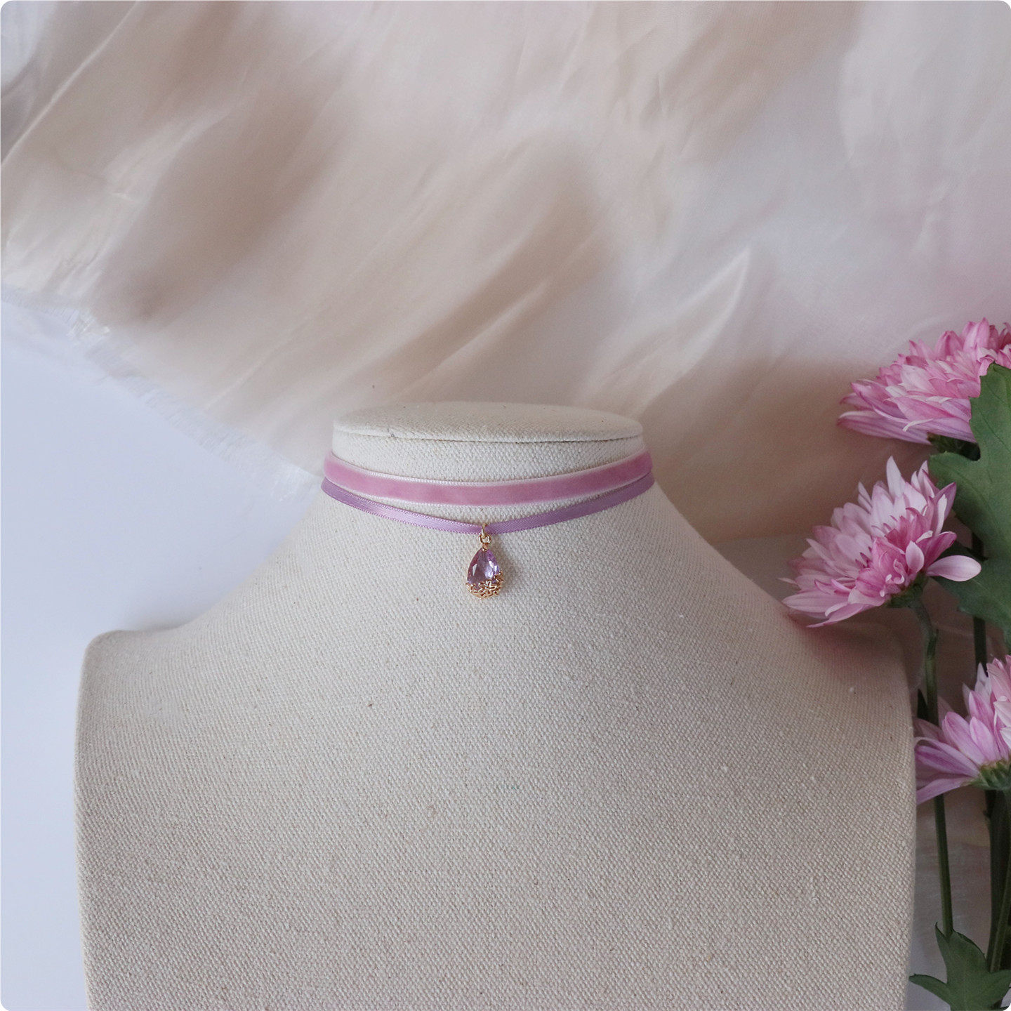 原创~古风超温柔粉紫水滴吊坠choker甜妹双层颈带项圈短款锁骨链,饰品/流行首饰/时尚饰品新,项链,淘宝优惠券,粉丝福利购,淘宝优惠卷