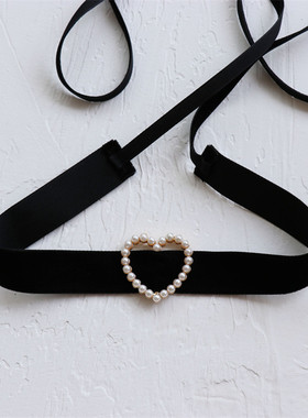 复古爱心丝绒带系带宽边锁骨链女