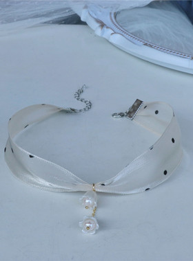 甜美波点纱带锁骨链遮颈纹项圈女