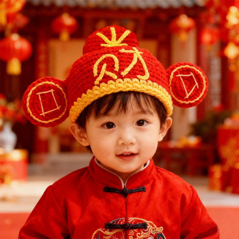 【成品】手工钩织针织帽财神帽新年帽儿童婴儿亲子帽喜庆中国红帽